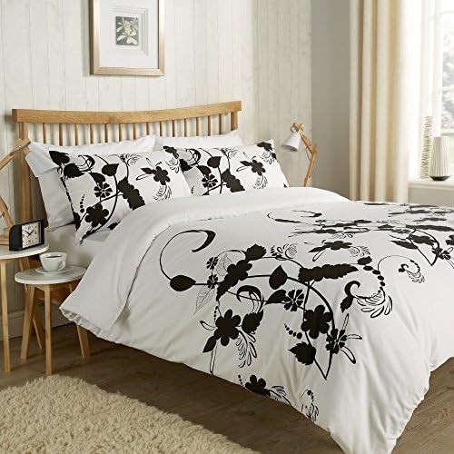 FINLAYS FASHIONS FLORAL TRAIL DUVET QUILT COVER PILLOWCASE BEDDING SET SINGLE DOUBLE KING SUPERKING SIZE (Single, Black/White)