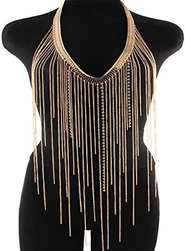 Shlonger Womens Sexy Tassel Vest Belly Chains Beach Bikini Swimsuit Necklace Chains Harness Body Jewelry Gold