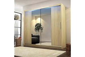 CHECO HOME AND GARDEN BIG STYLISH SLIDING WARDROBE 204cm !! BIG MIRRORS !! LED !! MANY COLOURS !! (Sonoma Oak, With Led)