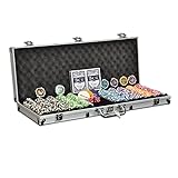 Enthalten sind im Kofferset Pokermünzen (Chips), Small / Big Blind und Dealer Button, 2 Pokerkarten-Sets und 5 Würfel. Das komplette Zubehör lässt sich im ausgepolsterten Alu-Koffer verstauen