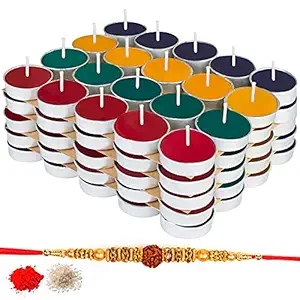 Kaameri Bazaar - Colored Wax Tealight Candles (Set of 100, Unscented) with rudraksh Rakhi, roli chawal - Raksha bandhan Gift for Brother