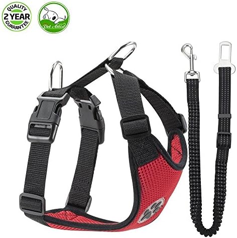 Berennis Dog Safety Vest Harness, Adjustable Double Breathable Mesh Fabric Vest Harness and Safety Seat Belt with Elastic Nylon Bungee Buffer in Cars Vehicle for Small Medium Large Dogs Travel Daily Walks (Small, Red)