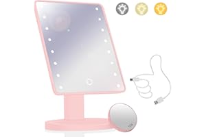 WOOBROO Makeup Vanity Mirror with Lights and 22 LED Lighted Makeup Mirror, Detachable 10X Magnification, Adjustable Dimming Touch Sensor, Dual Power Supply, 270° Rotation, Portable Cosmetic Mirror - Pink