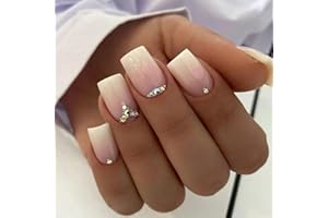 Cubahop Unghie finte francesi, corte, quadrate, rosa, sfumate, nude, con strass, per donne e ragazze (D)