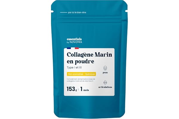 Collagene Marin Poudre Type 1 et 3, Non Aromatisé, 5g par jour, Cure de 30 jours, Peptides Hydrolysés 2000 DA, Peau Hydratée & Articulations Souples, Sachet 153g, Essentials by Novoma