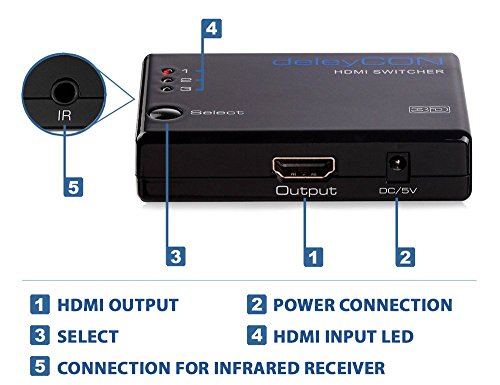 deleyCON HDMI Switch Verteiler 3 Port Automatisch – 3D Ready bis 1080p – inkl. Fernbedienung – [3x IN / 1x OUT] - 5
