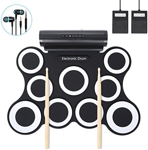 Jacksoo Portable Roll Up Drum, Electronic Digital Drum Pad Kit Musical Practice Instrument with Foot Pedals Drum Sticks for Kids Beginners Children (Built-in Speaker)