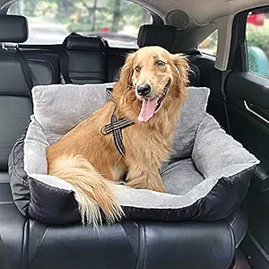 FAREYY Dog Car Seat for Small Medium Dogs Under 65 lbs - Dog Car Bed with Storage Pocket and Clip-On Safety Leash, Warm Plush Pet Booster Seat for 2 Small Dogs