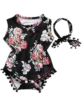 Shelers Baby Mädchen Einteiler Spielanzug Overall Geblümt Tassel Ärmellos Baumwolle Outfit Kleidung mit Stirnband