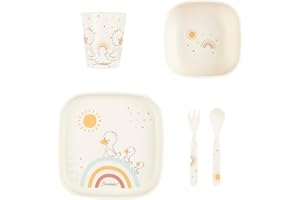 Sterntaler Geschirrset Ente Edda Lou ecru, 5er Set für Jungen und Mädchen bestehend aus Trinkbecher, eckigem Teller, eckiger Breischale und Löffel und Gabel