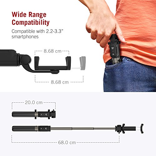 Bastone Selfie TaoTronics Selfie Stick Tripode Estensibile Treppiedi in Alluminio con Telecomando Bluetooth 3.0, Batteria Ricaricabile, Compatibile con Smartphone Android / iOS, o Action Camera con Vite di Montaggio da 1/4â€