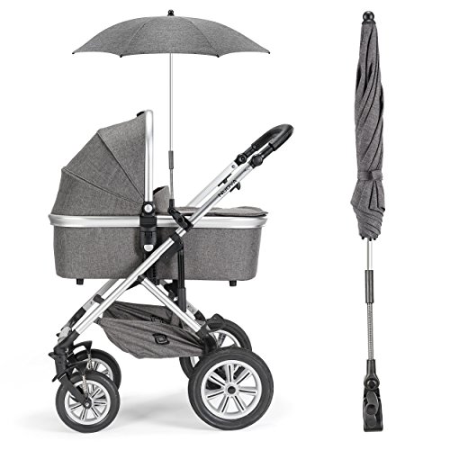 Universal Sonnenschirm Sonnenschutz für Kinderwagen & Buggy – UV Schutz 50+ / 73 cm Durchmesser / biegsam / Universalhalterung für Rund- und Ovalrohre – Melange Grau - 5