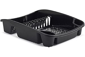 ZARVICZONIA Large Plastic Dish Drainer and Cutlery Rack Kitchen Sink Utensil Holder Draining Cup and Cutlery Drip Plate Worktop Storage Organizer Grey, Black, Cream (48 x 39 x 12 cm) (Black)