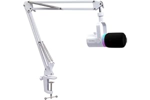 Feelworld PM1 XLR USB Micrófono Dinámico con Brazo Boom para Grabación de Podcast PC Ordenador Gaming Live Streaming Micrófono de Metal, Luz RGB, Botón Mute, Jack Auriculares (Blanco)