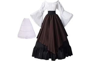 BPURB Damen Mittelalter Kleidung Renaissance Kostüm Kleid Trompete Ärmel Viktorianische Kleider (Hemd und Rock mit Petticoat)