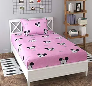 PNP Textiles Mickey Mouse Cartoon Printed Kids Room Single Bedsheet with 1 Pillow Cover Fabric Glace Cotton (Size 60 x 90 Inch) (Color Baby-Pink) Design-18