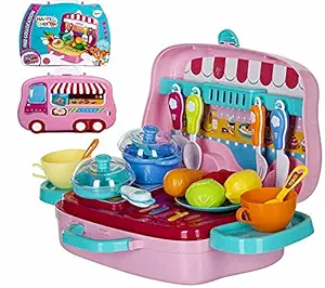 AarviCart Little Chef Kitchen Set for Kids in Chef Carry case - Role Play Fun Toys Gift for Boys Girls Age 3 Years and Up (Pink Bus Kitchen Set Play)