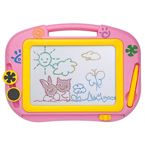 iKidsislands IKS88P [Travel Size] Small Colorful Magnetic Drawing Board for Kids/ Mini Color Magna Doodle for Toddlers/ Erasable Imaginarium Educational Toys for Babies, Boys with Pen, Stamps (Pink)