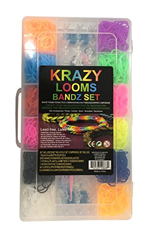 KRAZY LOOMS Kit COMPLET Métier à tisser pour FABRIQUER vos bracelets, bagues ou colliers - 2000 Élastiques sans latex et 50 Fermoirs S Clips