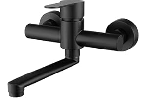 HomeLava Robinet de Cuisine Mural Mitigeur Évier en Acier Inoxydable 304 Robinet Évier Rotatif à 360° avec Bec Noir 180mm