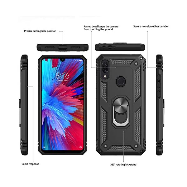 LeYi Funda XiaoMi Redmi Note 7 Armor Carcasa con 360 Anillo iman Soporte, Negro - Imagen 3