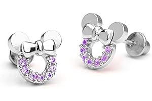 FINDOUT Kaguyo silver earrings for women, Mickey Mouse Earrings, Gold Plated Sterling Silver Amethyst clear Pink blue Zirconia Minne Mouse Stud Earrings For Women Girls birthday Gift