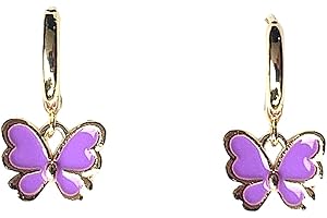 ASTER ALHELÍ - Pendientes Dorados Mujer Mariposas de colores - Pendientes Juveniles Aros Pequeños chapados en Oro - Pendientes Hipoalergénicos Niña Colgantes Mariposa - Pendientes Originales (Morado)
