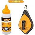 Tolsen Chalk Line Reel Set - Heavy Duty, Fast Rewind, Builders Chalk String Kit - 30m (100ft) Line with Spirit Level