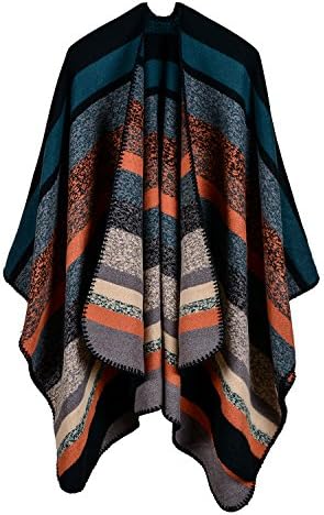 Voguehive Women's Autumn Winter Thick Casual Scarfs Long Wrap Horizontal Stripes Blanket Shawl Cape 17008 Green