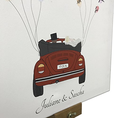 Personalisierte Leinwand zur Hochzeit – Motiv AUTO (rot) – als Gästebuch für Fingerabdrücke (40x50cm, inkl. Stift + Stempelkissen) (rot) - 4
