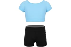 iEFiEL Kinder Mädchen Kurzarm Turnanzug mit Glitzer Strass Zweifarbig Crop Top + Shorts Workout Outfits Gymnastik Trikot Anzug Sets