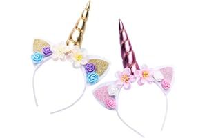 Shao hua 2pcs diademas de unicornio, Diademas de Unicornio con Flores, Diadema Unicornio Unicornio Cosplay, Unicornio Diadema de Oro Brillante, Unicornio Rose Diadema(Dorado, Rosa)