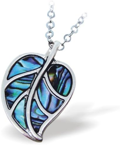 Exquisite Natural Abalone Paua Shell Leaf Pendant in Delicate Blue Green with 18