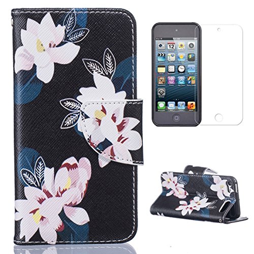 CaseHome For Premium PU Leather iPod Touch 5/6 Case Book Style Folio Flip Wallet Design Soft Rubber Bumper Inner Protector Slim Fit Full Body Protective Cover Skin Shell-Lily Flowers Black