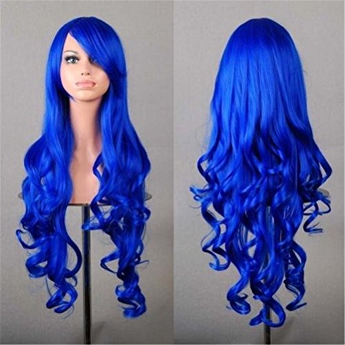 Fouriding80cm/31" Women's Japanese Lolita/Harajuku Style Full Long Curly Wavy Wig Ladies Synthetic Halloween Cospaly Anime Costume party Fancy Dress Hair Wigs Hairpiece for Women Lady,Royal Blue