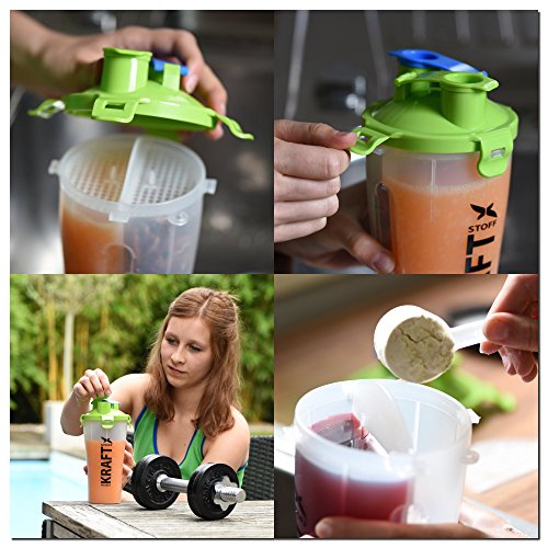 KRAFTSTOFF – DUAL SHAKER, 2 Kammern Shaker, Eiweiß SHAKER FÜR 2 RATIONEN / ZWEI SHAKER IN EINEM – 700 ml – 350 ml pro Seite / Protein Shaker für Damen und Herren / Der perfekte Fitness Shaker, Ideal als Smoothie Trinkbecher, Eiweiss Shaker, Shaker Flasche - 3