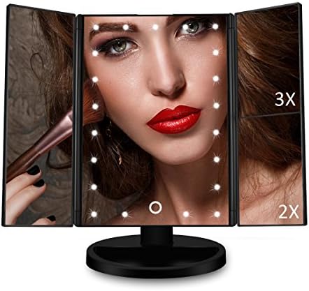 Euph 1X/2X/3X Magnifying Tri-Fold Makeup Mirror Three Panel 21PCS Illuminated Adjustable Led Lights 180 Degree Free Rotation Countertop Lighted Cosmetic Mirror Vanity Mirror Magnifying Mirror Desk Mirror with Dimmable LED Touch Screen (Black)