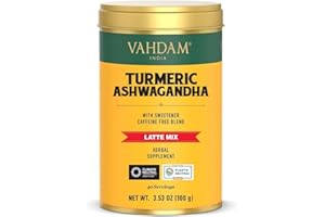 ‎VAHDAM VAHDAM, Kurkuma-Ashwangandha-Latte-Mischung (100 g, 40 Tassen) ohne Zuckerzusatz | Koffeinfreies goldenes Milchpulver mit Curcumin, Kurkumapulver und Ashwagandha-Heiß-/Eistee