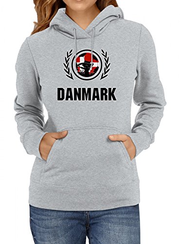 Shirt Happenz Dänemark WM 2018#2 Premium Hoody Trikot Fußball Fan Nationalmannschaft Frauen Kapuzenpullover, Farbe:Graumeliert;Größe:M