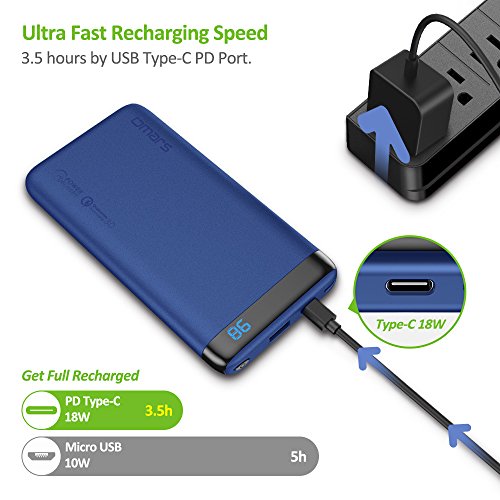 OMARS Batterie Externe Charge Rapide 10000mAh - USB C 18W PD 2 0 Entr  e   Sortie - USB A Quick Charge 3 0 - Chargeur Portable Batterie de Secours Pow