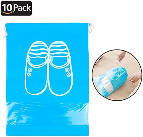 AllSpes Travel Shoe Bags,10 Pack Waterproof Dust-proof Shoe Storage Bags with Drawstring &amp; Transparent Window for Boots &amp; High Heel.Women Men Shoes Organizer Bags Space-saving,M/36 x 27cm,Blue