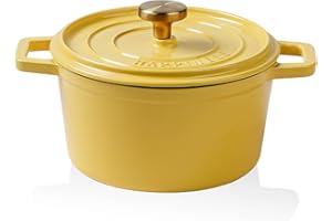 JUSTUP Faitout avec couvercle, antiadhésif, en fonte émaillée, avec deux poignées, pour braiser les ragoûts, rôtir et cuire - Sans danger sur toutes les tables de cuisson (jaune)