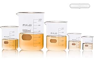 ULAB Scientific Becherglas Set mit Magnetrührstab Angeboten, 5 Größen 50 ml 100 ml 250 ml 500 ml 1000 ml, 3,3 Boro Griffin Niedrige Form mit Aufgedruckter Graduierung, UBG1002
