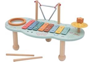jumini Wooden Music Table: Musical Instruments Toy 4 in 1, Drum, Xylophone, Triangle and Cymbal Music Set. All in one music table made from sustainably sourced wood., W61599