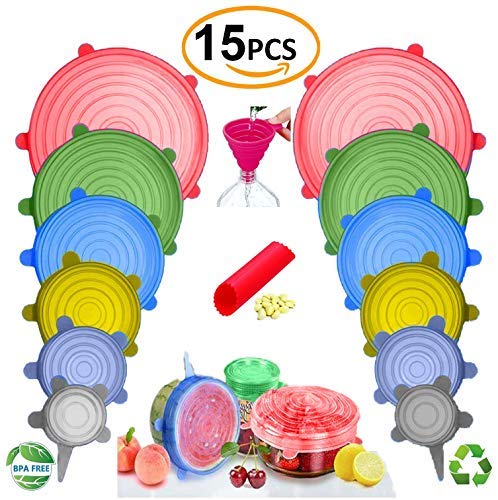 FabQuality 15PCS - Silicone Stretch Lids 12pcs, with 2 Gift Bags Various Sizes and Shape of Containers, Reusable, Durable and Expandable Food Covers, Keeping Food Fresh, Dishwasher