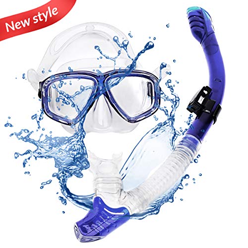 QICENT Gafas Buceo Adulto Anti-Niebla 180°Vistas Panorámicas, Kit Snorkel a Prueba de Fugas con Snorkel Seco, Incluye Silicona de Grado Alimenticio Válvula de Purga Set de Snorkel (Azul)