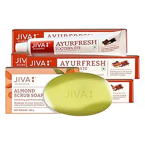 Jiva Ayurfresh Toothpaste - Complete Oral Care - 100 g Each, Pack of 4 with Almond Soap 100 g Free