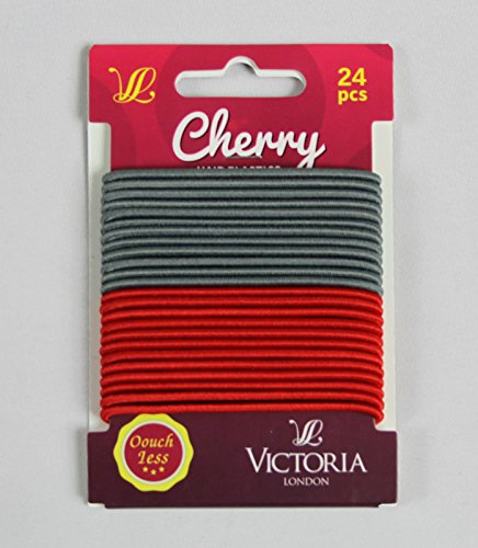 HAIR ELASTICS BANDS THIN METAL & SNAG FREE PONIOS BOBBLES PONYTAIL SCHOOL 24pcs (Grey & Red)