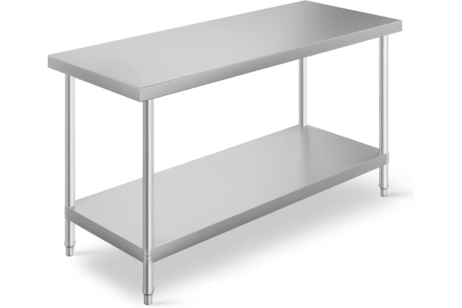 DKIEI 120 x 60 x 80cm Stainless Steel Kitchen Catering Table, Heavy Duty Food Prep Workbench, Double-layer Commercial Food Preparation Work Tables for Restaurant, Home, Hotel