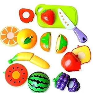 HMC Kids Realistic Plastic Sliceable Play Kitchen Toy with Fruits, Vegetables, Knife, Plate and Cutting-Board (Multicolored)-Set of 7 Pieces